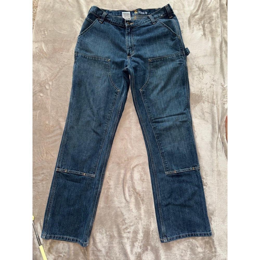 Carhartt Men's Relaxed Fit  Double Knee Chore Denim Jeans Blue Size 36